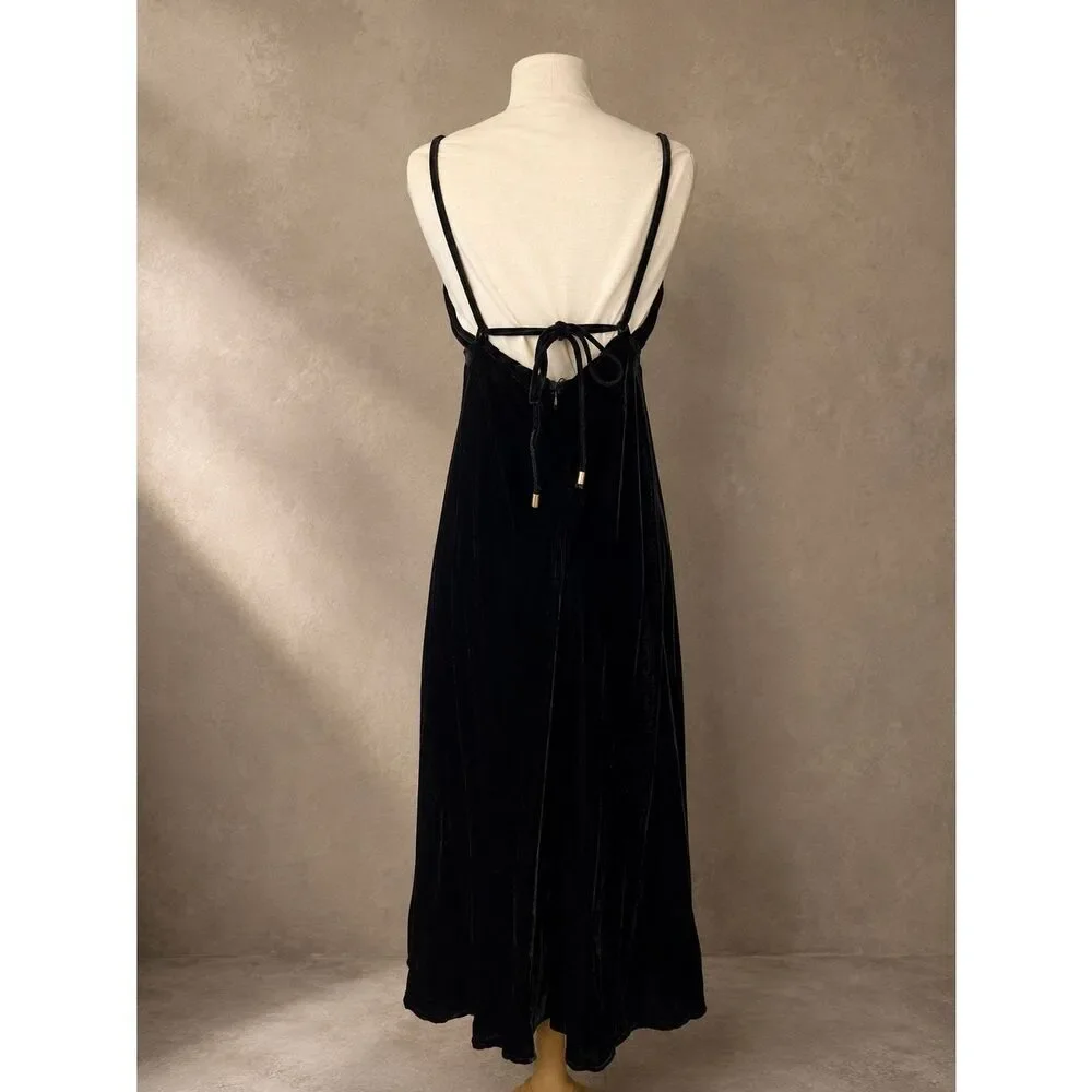 FARM Rio Size L Richelieu Velvet Slip Dress Black Embellished Midi Open Back - Picture 7 of 13